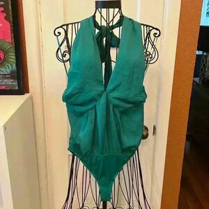NWOT Promesa Cross My Heart Matte Satin Halter Bodysuit-Sz L